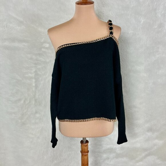 L'Agence Jayden Gold Chain Black Off Shoulder Sweater S/M - Picture 1 of 6